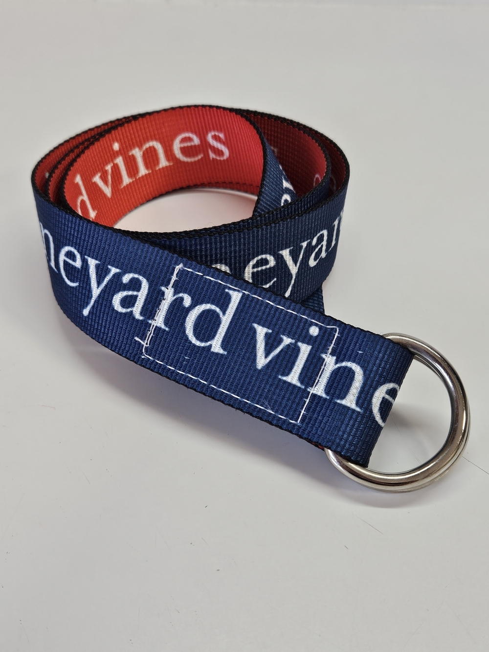 Vineyard Vines Signature Whale Reversible Red Blue Logo D-Ring Belt Unisex 38"